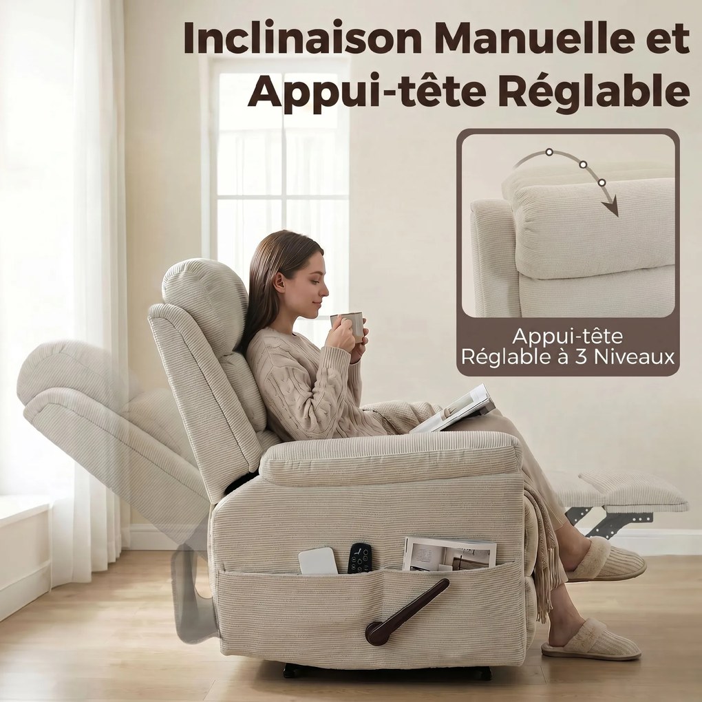 Poltrona reclinável com massagem e aquecimento, cadeira de relaxamento em tecido chenille (100 % poliéster), encosto de cabeça ajustável, bolsos later
