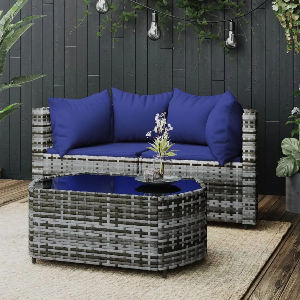 vidaXL 3 pcs conjunto lounge de jardim c/ almofadões vime PE cinzento