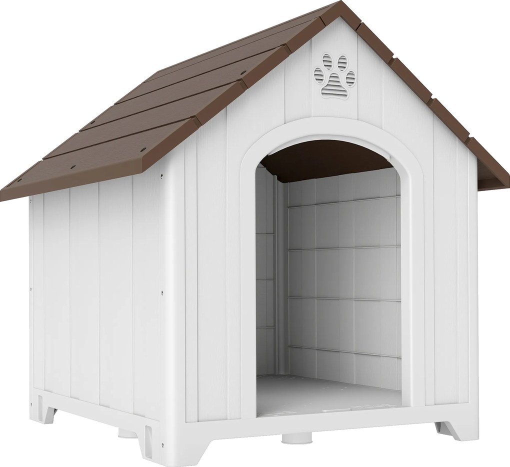 Casota para Cães de Exterior em Plástico com 2 Janelas, Base Elevada, Estacas Castanho Escuro