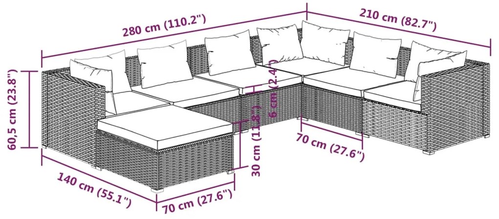 7 pcs conjunto lounge de jardim c/ almofadões vime PE preto