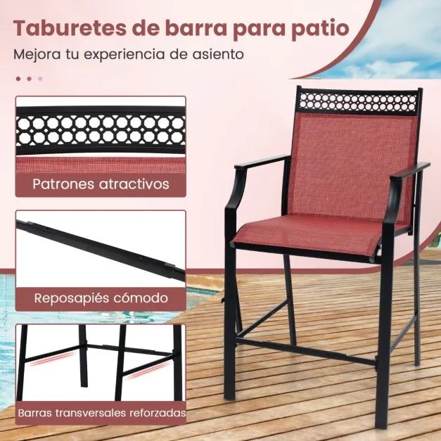 Conjunto de 2 bancos de bar para Jardim com apoio para os pés em metal à altura do balcão para jardim, piscina, varanda, cozinha Vermelho