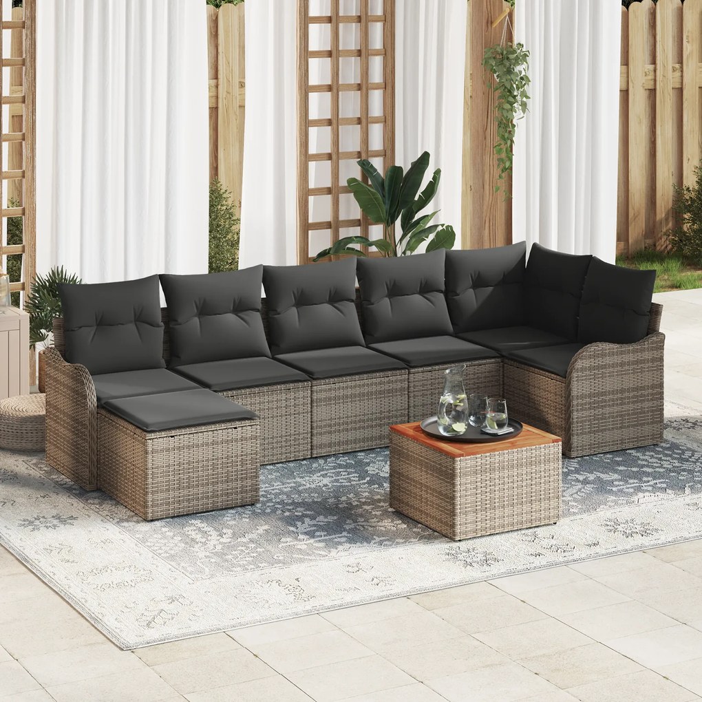 Conjunto de Sofá de Jardim vidaXL de 8 Peças com Almofadas Cinza Rattan PE Acácia