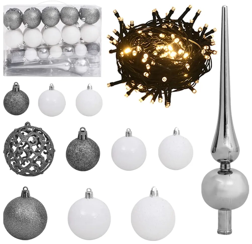 Conj. de bolas de natal 61 pcs c/ pico e 150 LEDs branco/cinza