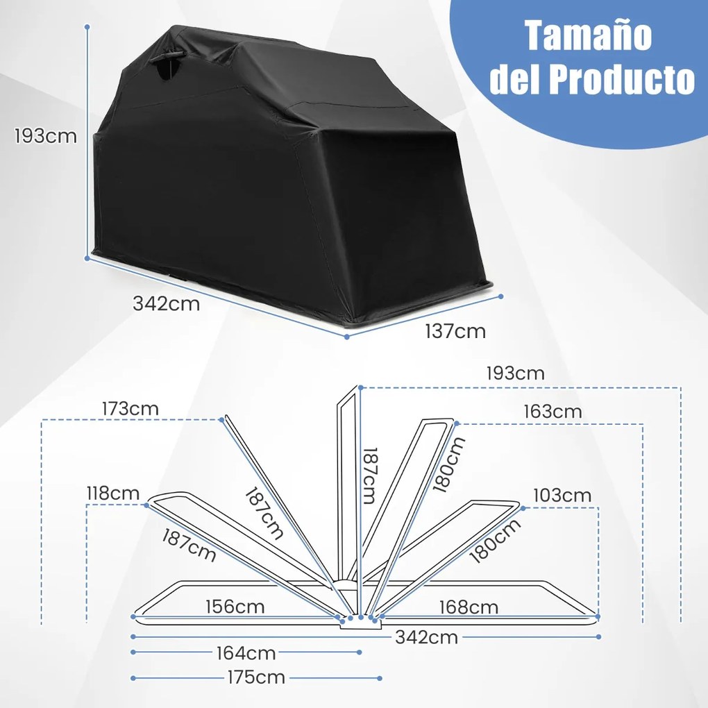 Capa Cobertura para Motas em Tecido Oxford e Janelas de Malha Enroláveis 345 X 137 X 190 cm Preto