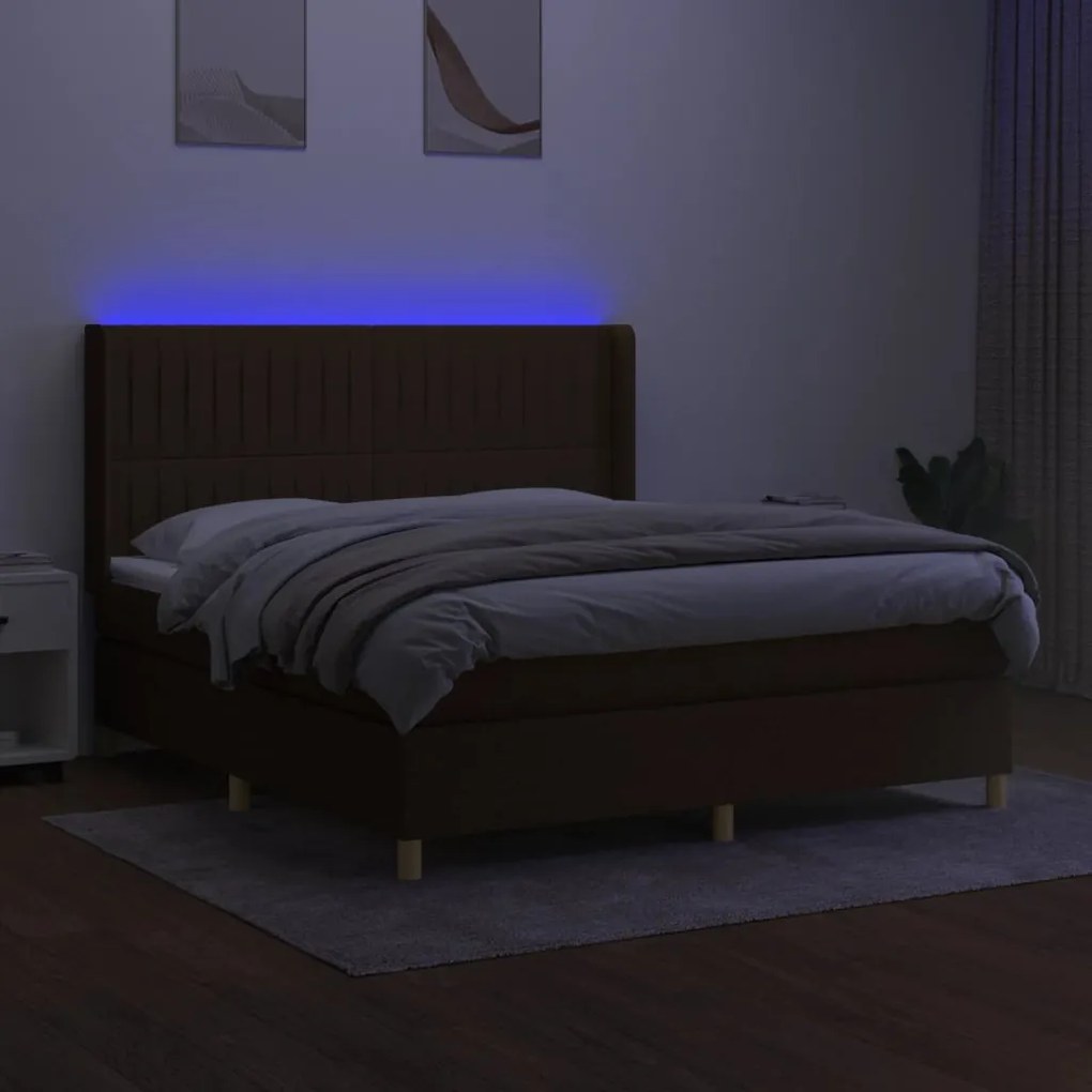 Cama box spring c/ colchão/LED 160x200cm tecido castanho-escuro