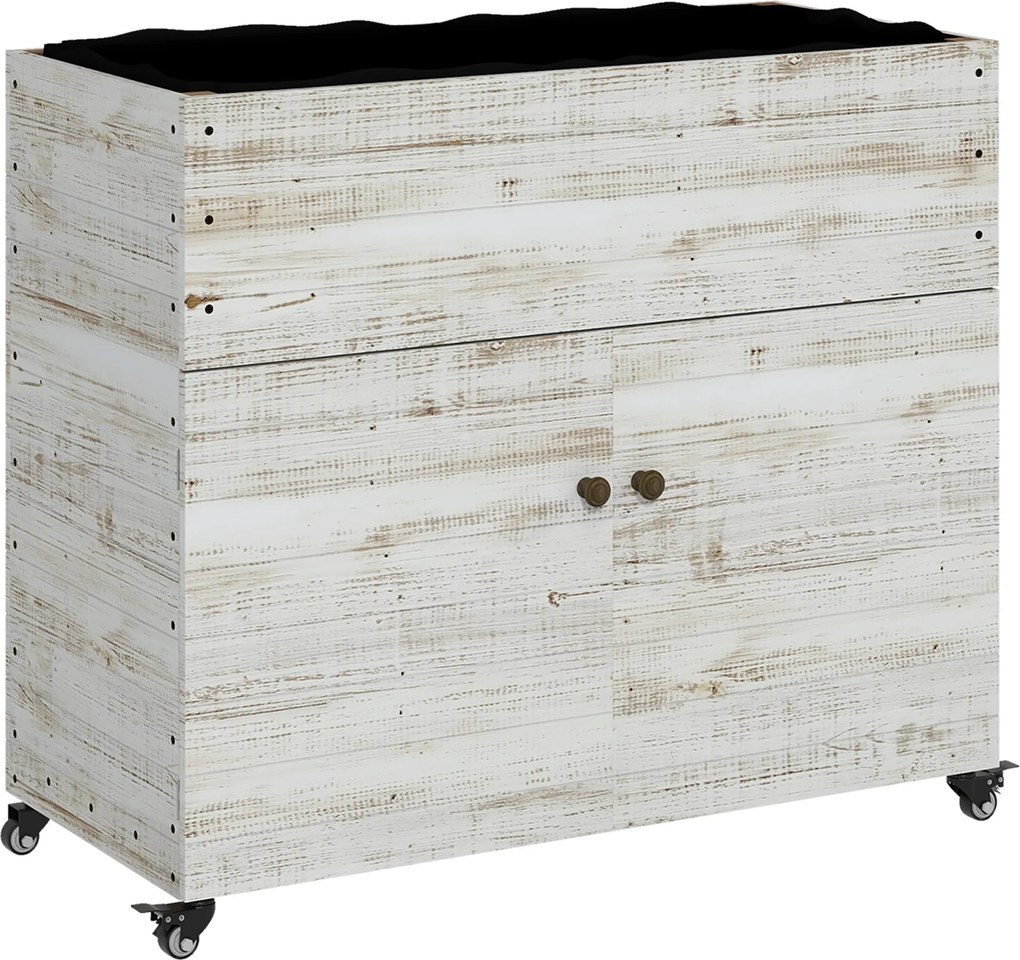 Outsunny Canteiro elevado com rodízios, compartimento com armário, forro interior, visual envelhecido, 110x50x95 cm, Branco | Aosom Portugal