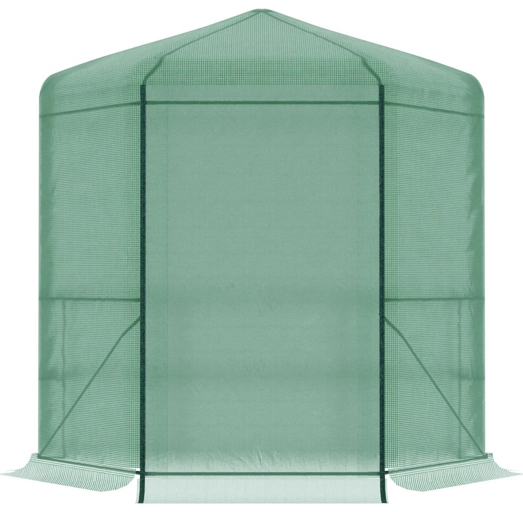 Outsunny Estufa de Jardim Hexágono 194x194x215cm Estufa com 6 Prateleiras Porta Enrolável e Estrutura de Aço Galvanizado para Cultivos de Plantas Vasos de Flores Verde