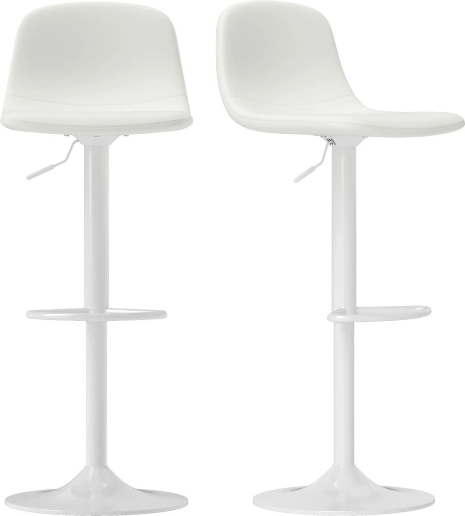 Conjunto 2 Bancos de Bar Reguláveis em Altura 84-104 cm com Encosto e Apoio para os Pés Estofadas em PU Giratórias em 360° Branco