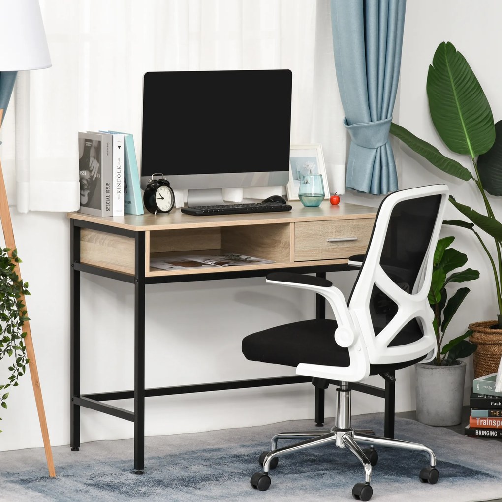 Secretária com arrumação de estilo industrial, secretária para computador com gaveta, estrutura em metal preta, tampo em madeira de carvalho claro