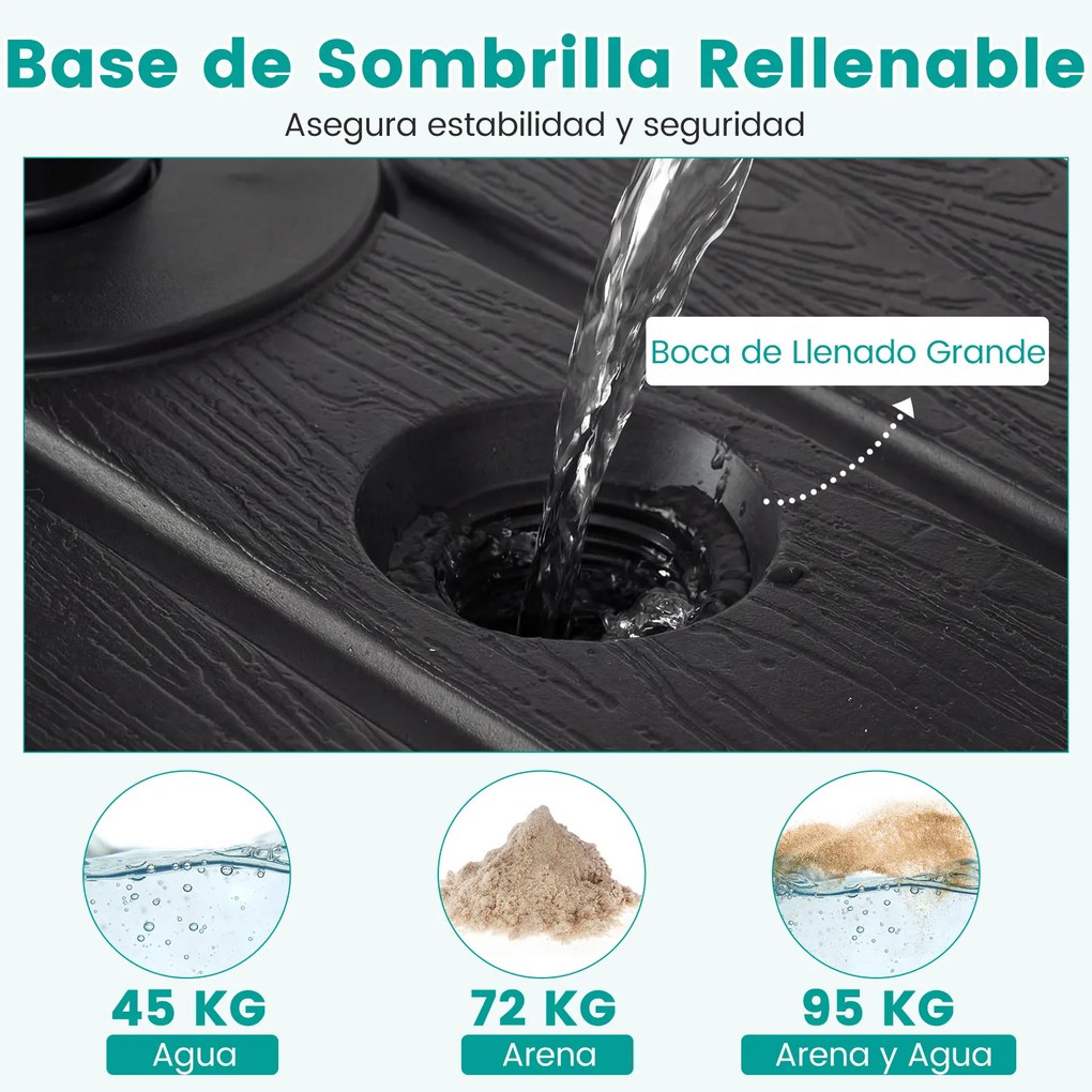 Base para guarda-sol com haste telescópica reabastecível com água e areia (95 kg), com rodas, para postes de 38-48 mm, para jardim, terraço, pátio e p