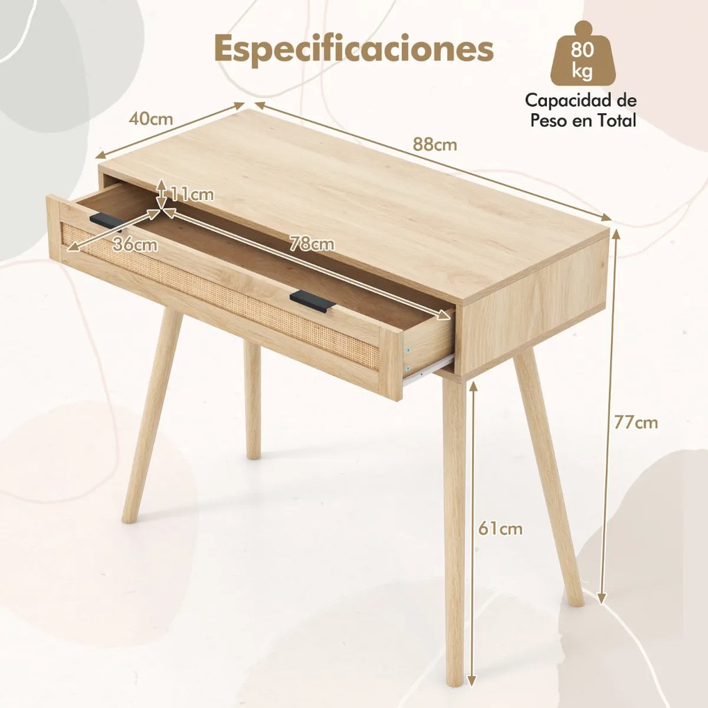 Mesa Consola entrada de rattan 88 x 40 x 77 cm com gaveta Mesa de entrada estilo boémio Natural