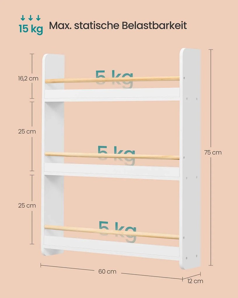 Estante para quarto infantil 12 x 60 x 75 cm com 3 prateleiras em branco