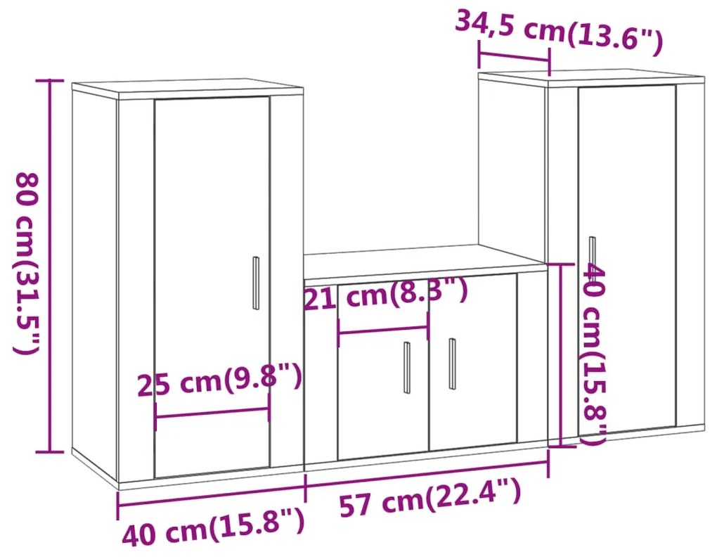 Conjunto móveis de TV 3 pcs madeira processada sonoma cinza
