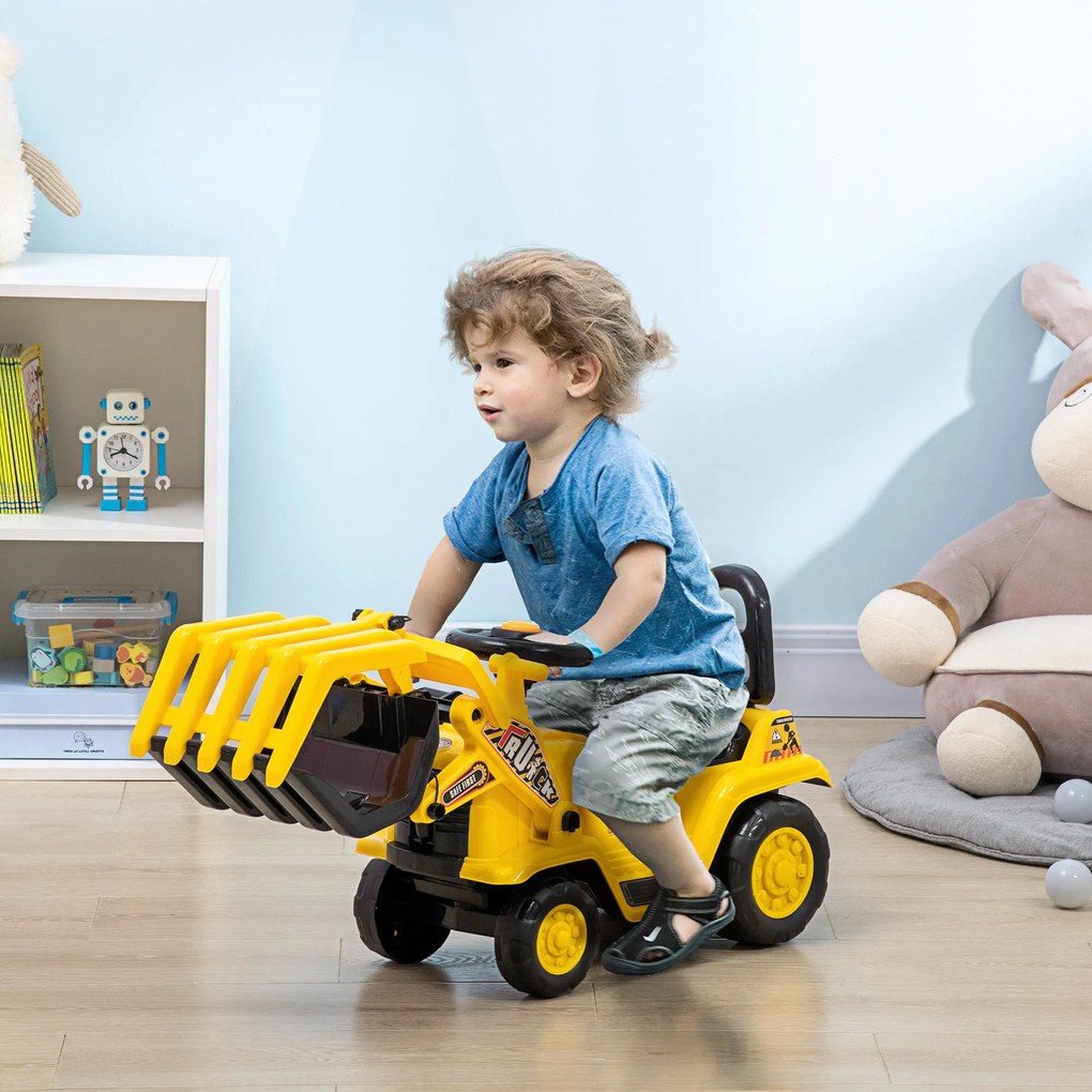 Carro Andador para Crianças acima de 3 Anos Escavadora Infantil com Pá Móvel Assento com Armazenamento Oculto e Buzina Carga Máxima 30kg 83x27x39cm Am