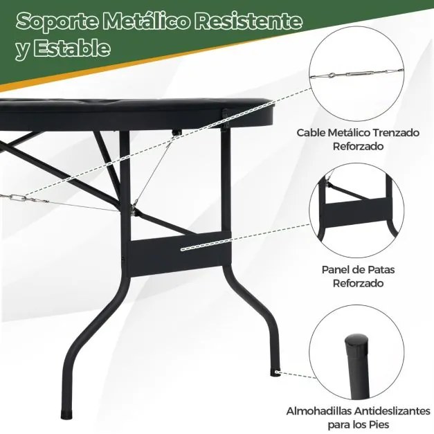 Mesa de póquer dobrável de 182 cm para 8 jogadores oval portátil para jogos com porta-copos e grades acolchoadas para casa Preto