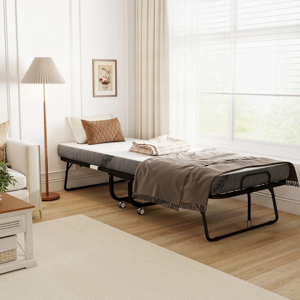 Cama dobrável individual de 200 x 80 cm com colchão, cama extra dobrável e portátil com Rodas, estrutura em aço preto, branco