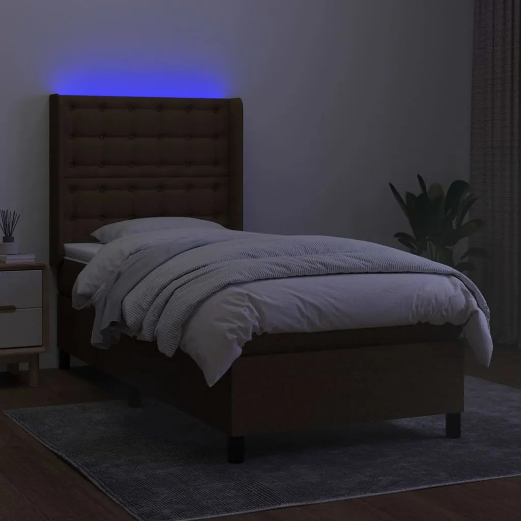 Cama box spring c/ colchão/LED 90x190 cm tecido castanho-escuro