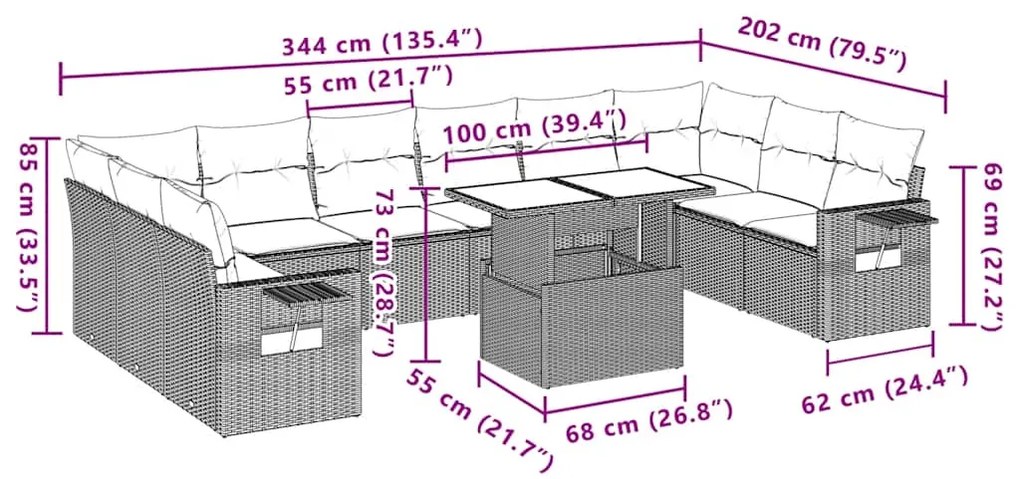 11 pcs conjunto sofás de jardim c/ almofadões vime PE cinzento