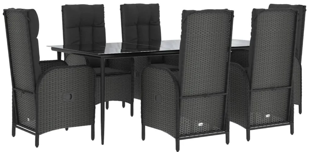 7 pcs conjunto de jantar p/ jardim c/ almofadões vime PE preto