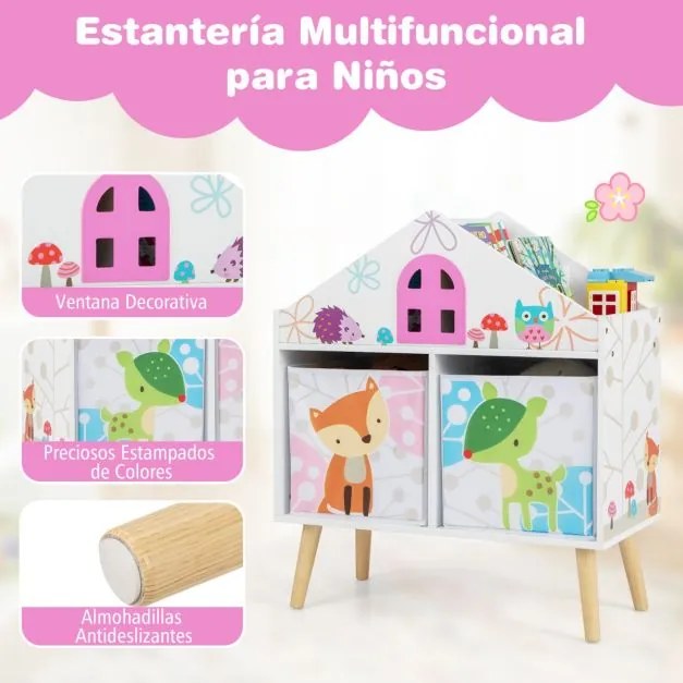 Estante para crianças Organizador de madeira Prateleiras para arrumação de brinquedos com 2 recipientes de arrumação e pernas elevadas Branco