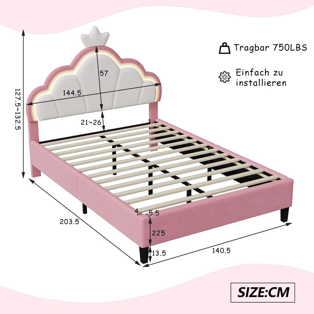 90X200Cm/140X200Cm Pink PU Children'S Bed Frame,With LED and Crown-Sha