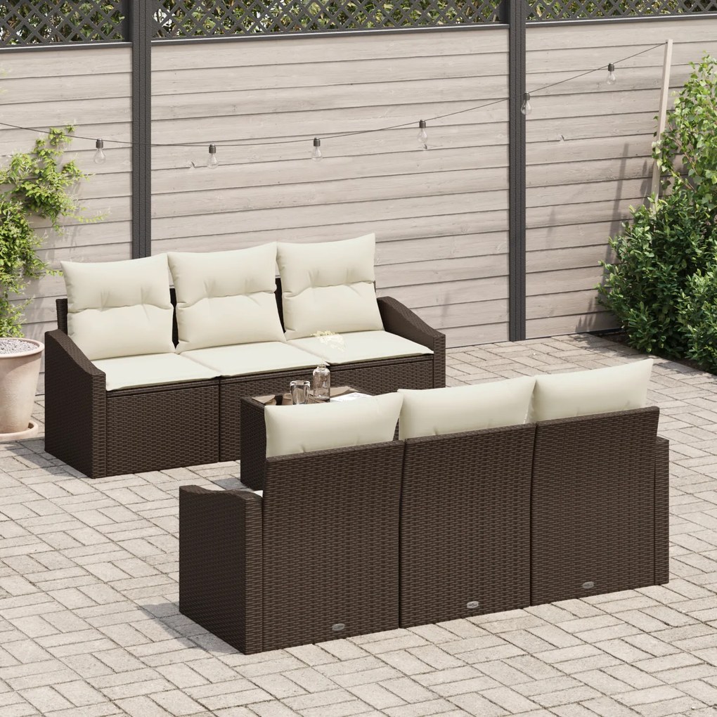 Conjunto de Sofá de Jardim com 7 Peças e Almofadas Castanho Rattan Pol