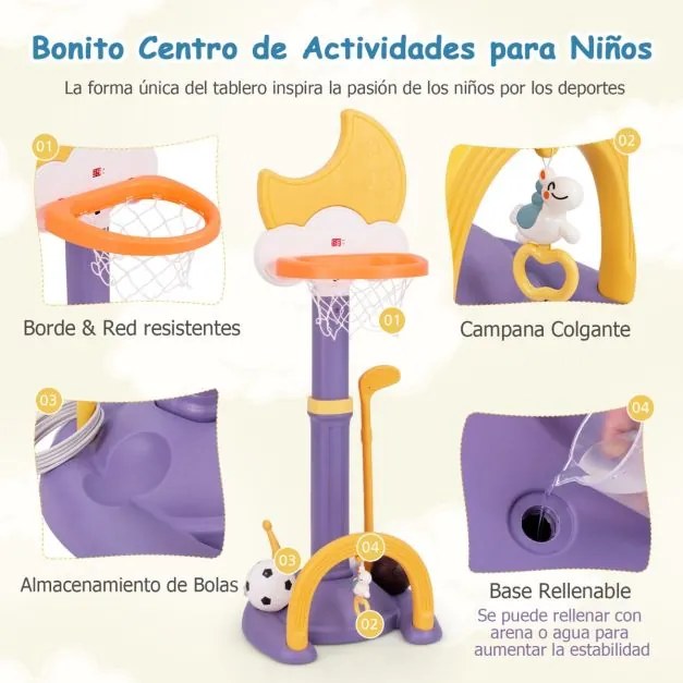 Cesto de basquetebol 4 em 1 para crianças Centro de actividades desportivas ajustável com anéis de basquetebol, futebol, golfe Amarelo