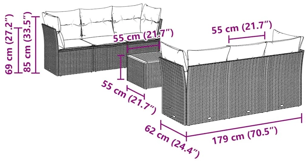 7 pcs conjunto sofás p/ jardim c/ almofadões vime PE cinzento
