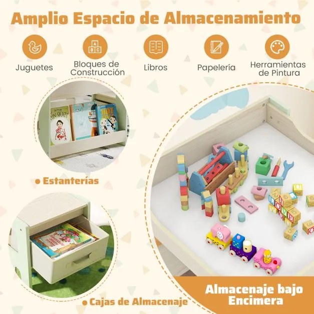 Conjunto de mesa e cadeiras infantil Mesa de atividades 4 em 1 para crianças com superfície reversível Prateleiras para livros e caixas Verde