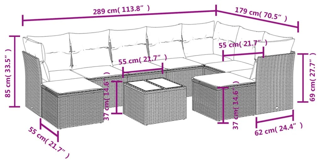 10 pcs conjunto sofás de jardim c/ almofadões vime PE cinzento