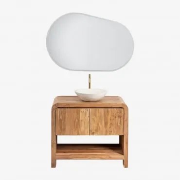 Conjunto De Móvel De Casa De Banho Em Madeira Vacry Castanho Acácia & Cimento Redondo Branco Ø40 Cm Zavion & Oval Led E Anti-embaciamento 100x80 Cm Ri