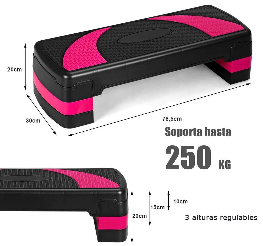 Plataforma de degraus para aeróbica e treino para casa, ginásio e escritório 78,5 x 30 x 10-20 cm Preto e cor-de-rosa