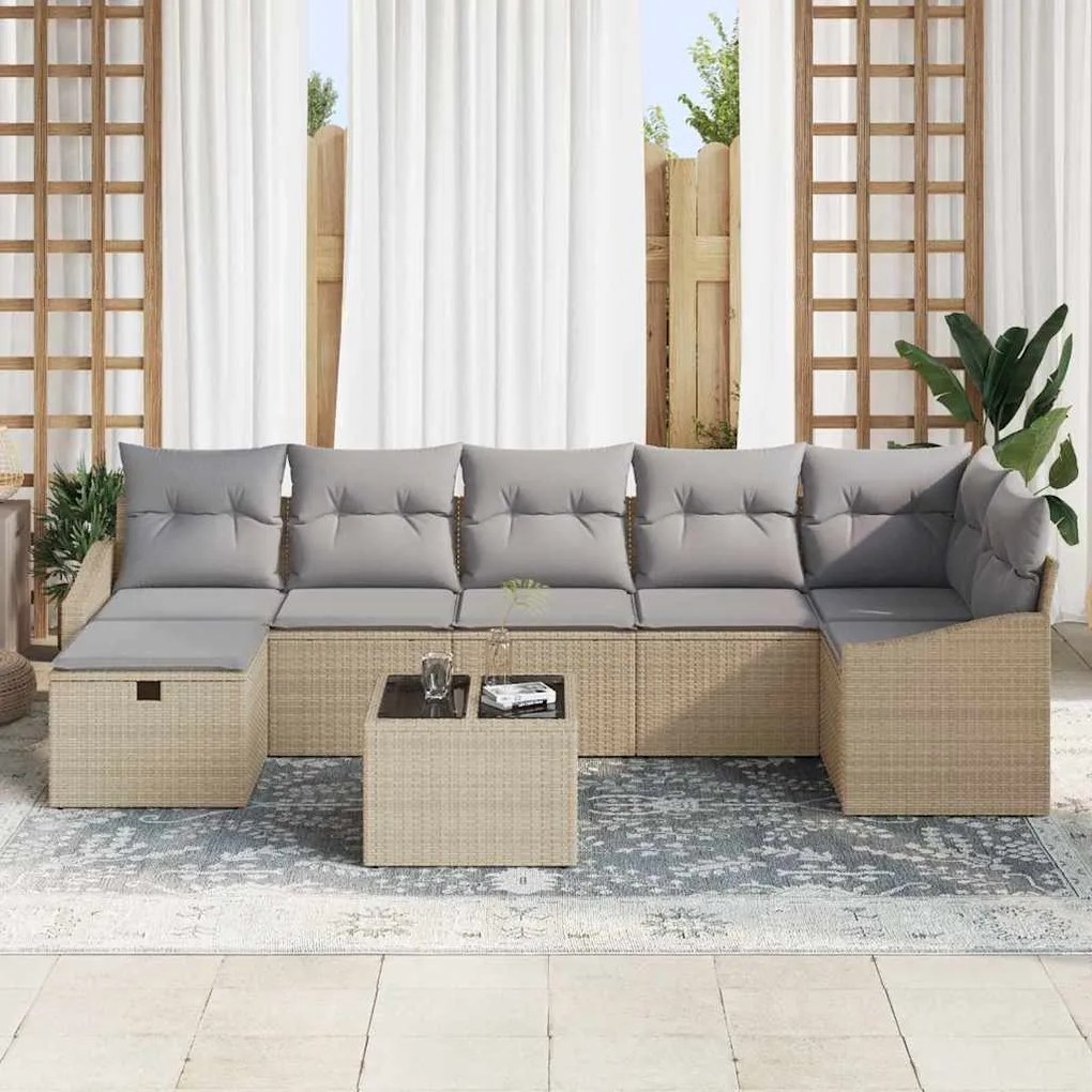 Conjunto de Sofás de Jardim 8 Peças com Almofadas Bege Polirattan