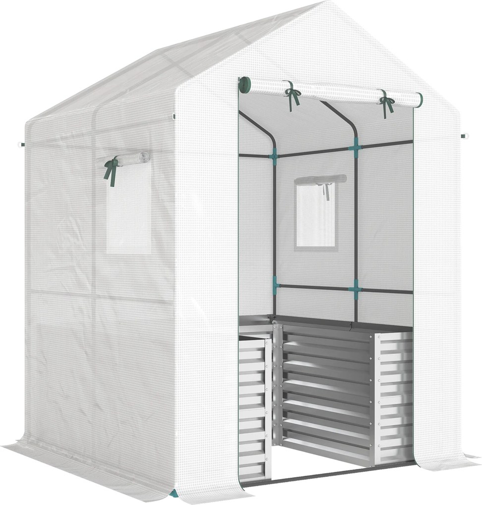 Outsunny Estufa para Tomates Estufa de Filme com Canteiro Elevado Porta Enrolável Janela Telhado Inclinado 141 x 141 x 190 cm Branco | Aosom Portugal