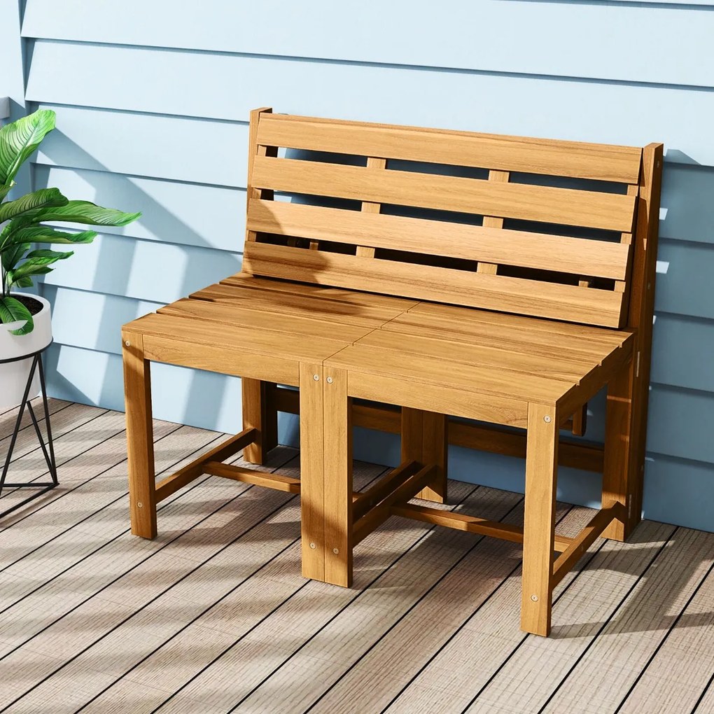 Banco de madeira de acácia 3 em 1, convertível em mesa e cadeiras + estante para plantas multifuncional para terraço e jardim, com um estilo natural