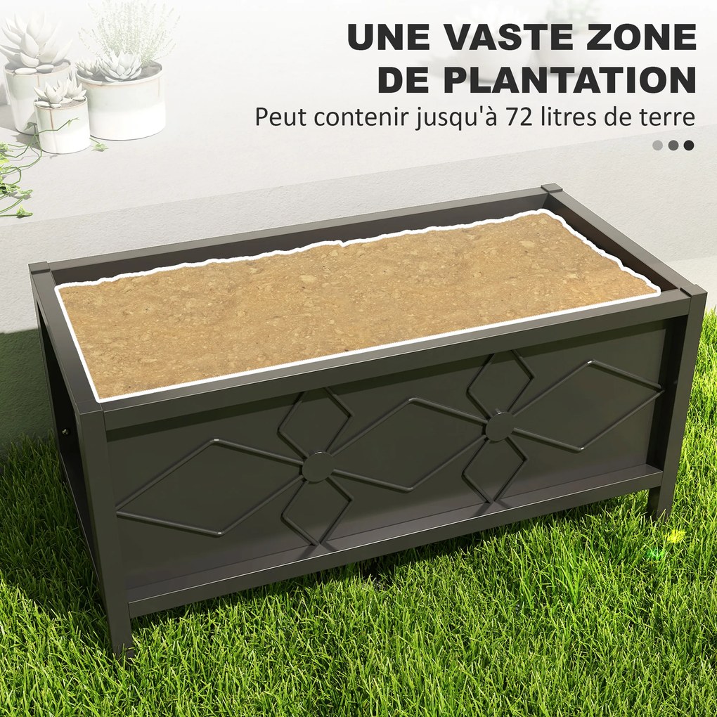 Floreira para exterior, elevada, galvanizada, com rebordo de segurança, retangular, 80 x 40 x 38 cm, preta