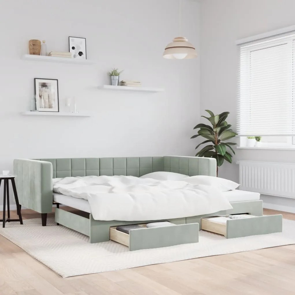 Sofá-cama c/ gavetão e gavetas 100x200 cm veludo cinzento-claro