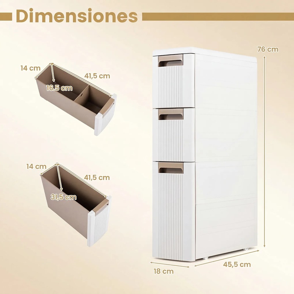 Móvel de Arrumação Estreito com 3 Gavetas, 45,5 x 18 x 76 cm, Com Rodas, Bege