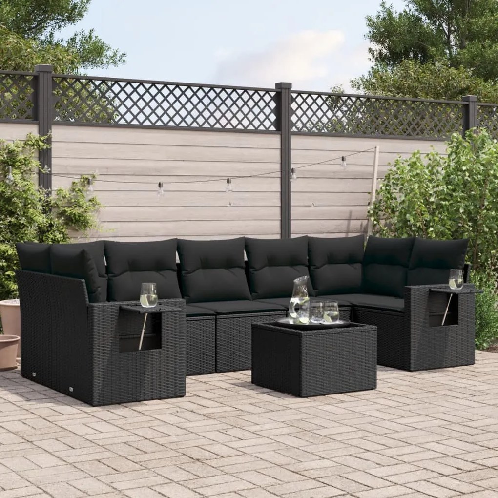 vidaXL 8 pcs conjunto sofás de jardim com almofadões vime PE preto