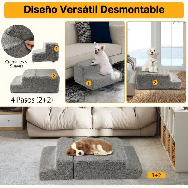 Escada de espuma para cães com 4 degraus, fundo antiderrapante e capa removível e lavável para cães e gatos 60 x 40 x 40 cm Cinza