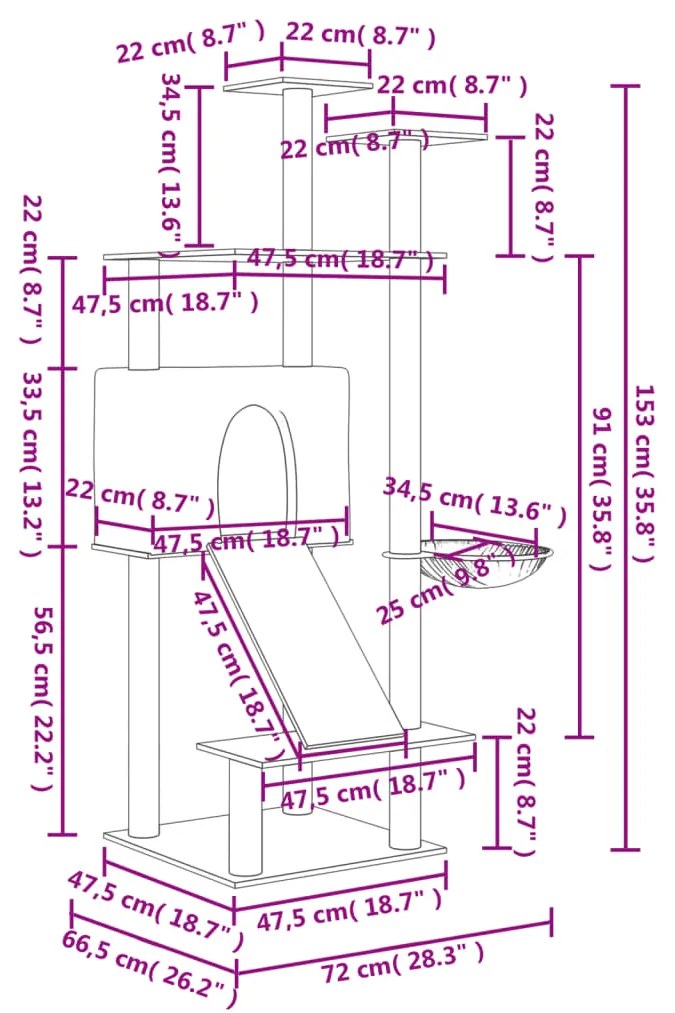 Árvore p/ gatos c/ postes arranhadores sisal 153cm cinza-escuro