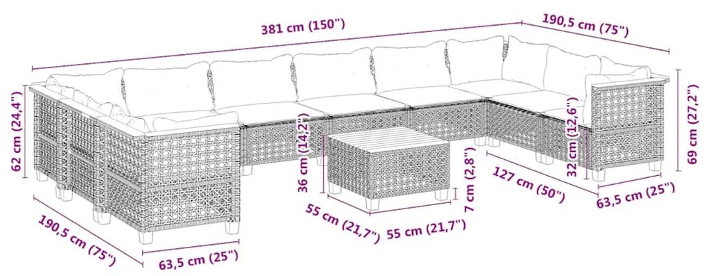 11 pcs conjunto sofás de jardim c/ almofadões vime PE bege