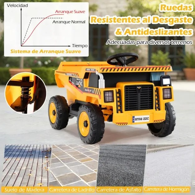 Camião basculante elétrico de 24 V para criançasde construção de 4 rodas com caçamba basculante Pá Controle remoto Música Amarelo