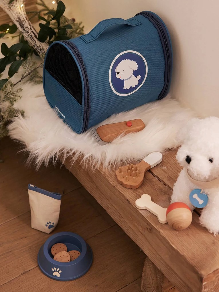 Peluche animal de estimação + acessórios em madeira certificada azul