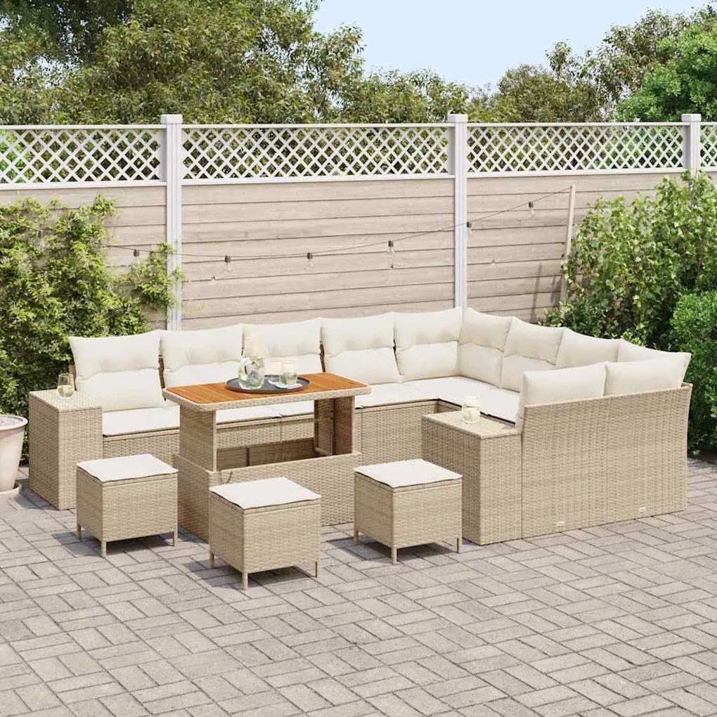 Conjunto de Sofá de Jardim de 13 Peças com Almofadas Bege em Rattan Si