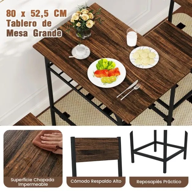 Conjunto de mesa de jantar com 2 cadeiras com prateleira aberta, estrutura metálica castanho
