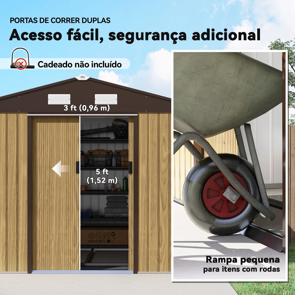 Abrigo de Jardim Exterior 4,9 m² 277x195x192 cm com Porta de Correr Ventilação e Kit de Fundação Castanho