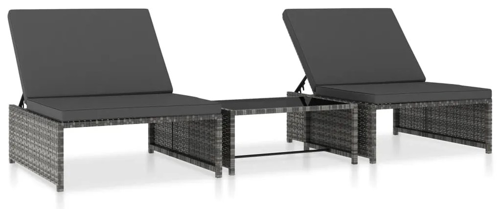 Espreguiçadeiras com mesa 2 pcs vime PE cinzento