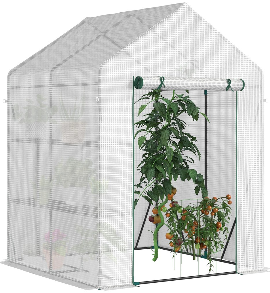 Estufa de Jardim 143x143x195 cm Estufa de Aço com 2 Prateleiras e Port