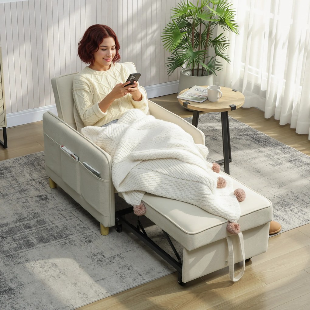 Poltrona-Cama Convertível de 1 Lugar, 85,5 x 74 x 82 cm, Transformação 3 em 1, Bege